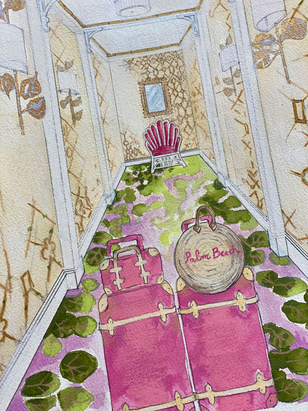 watercolor painting of hotel hallway